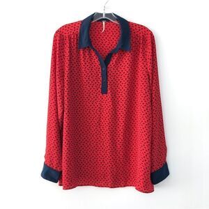 Free People Equestrian Blouse Novelty Horse Print Collared Long Sleeve Red/Blue